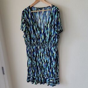 Tiana B. Fit and Flare Mini Dress Blue and Green Pattern Short Sleeve  Sz 2X